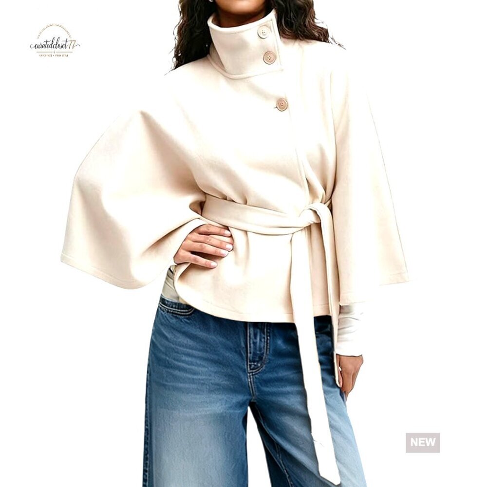 Wool Blend Pea Coat Cape Batwing Sleeve Oversized Chic Winter Cropped Overcoat - Picture 7 of 7